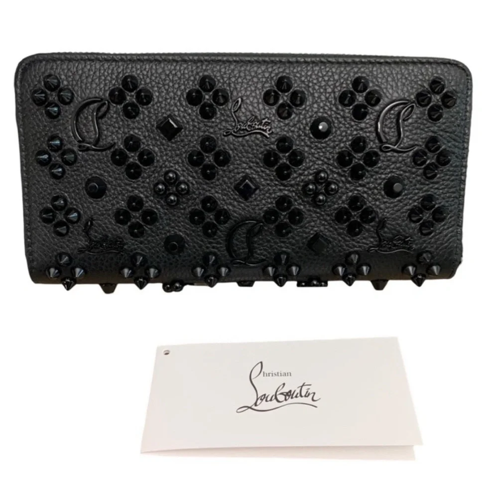 Like New Used Twice Christian Louboutin Black Studded Zip Wallet with Red Accent